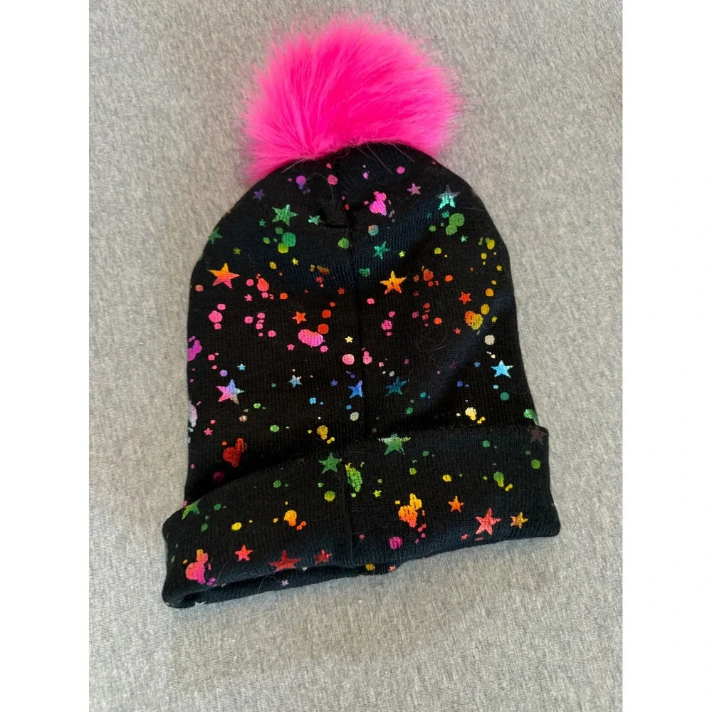 Justice Girls Black Rainbow Foil Star Splatter Beanie Pink Pom Pom Hat 27849915
